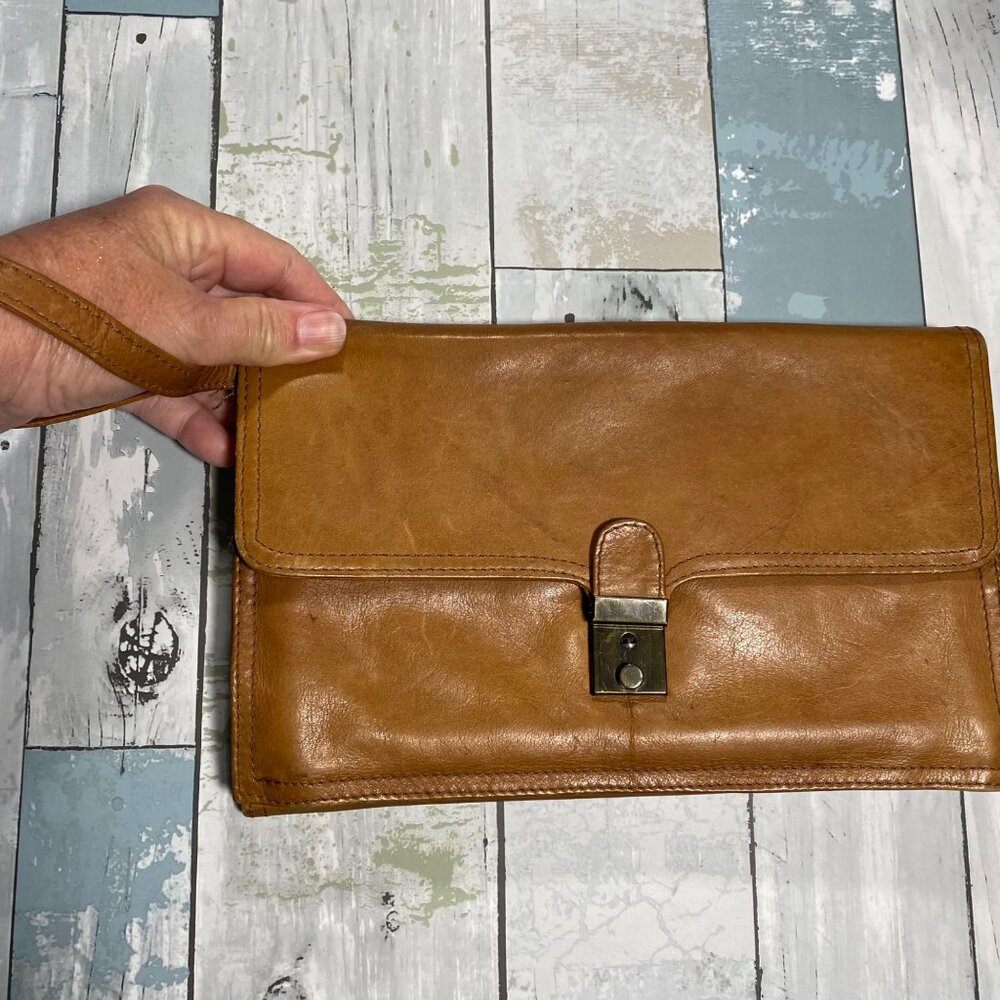 Vintage Leather Organizer Wristlet Bag With Lock & Multiple Pockets